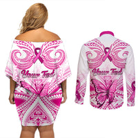 Personalised Pink Out Couples Matching Off Shoulder Short Dress and Long Sleeve Button Shirts Breast Cancer Awareness Polynesian Pattern White Version - Wonder Print Shop