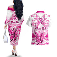 Personalised Pink Out Couples Matching Off The Shoulder Long Sleeve Dress and Hawaiian Shirt Breast Cancer Awareness Polynesian Pattern White Version - Wonder Print Shop