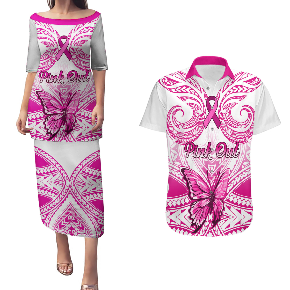Personalised Pink Out Couples Matching Puletasi Dress and Hawaiian Shirt Breast Cancer Awareness Polynesian Pattern White Version - Wonder Print Shop