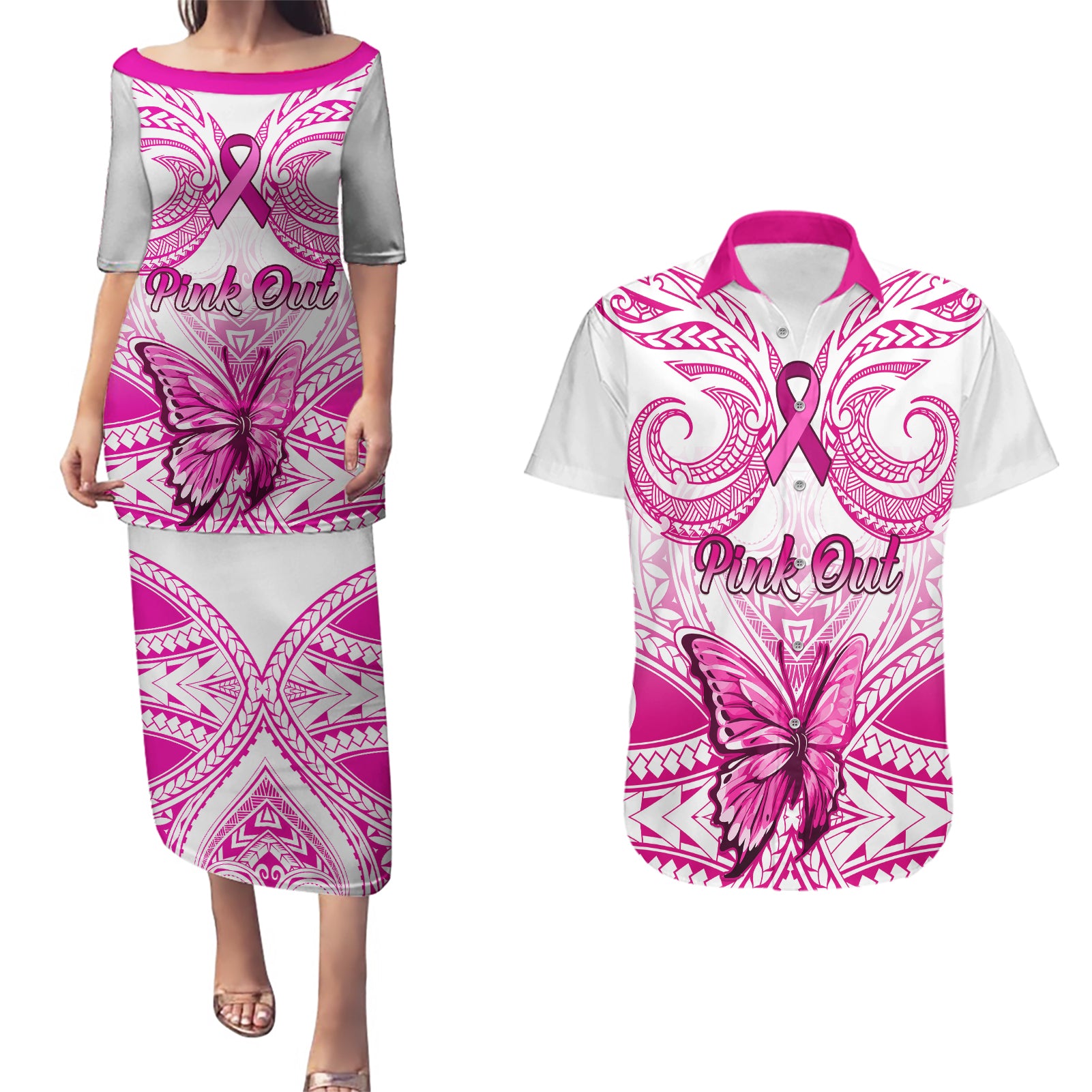 Personalised Pink Out Couples Matching Puletasi Dress and Hawaiian Shirt Breast Cancer Awareness Polynesian Pattern White Version - Wonder Print Shop