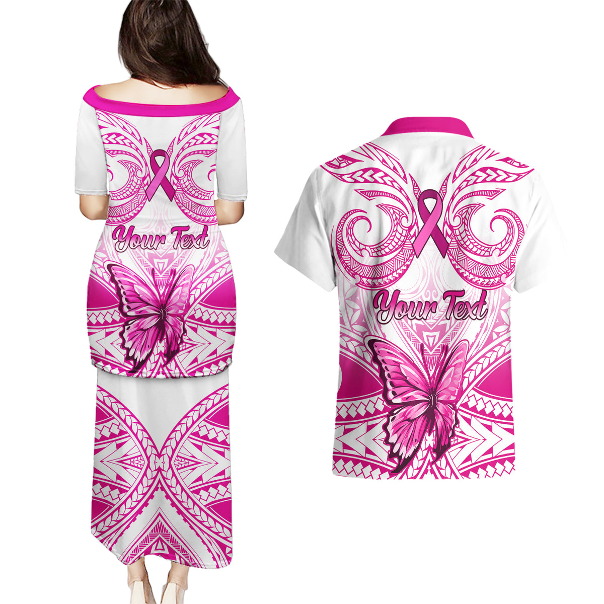 Personalised Pink Out Couples Matching Puletasi Dress and Hawaiian Shirt Breast Cancer Awareness Polynesian Pattern White Version - Wonder Print Shop