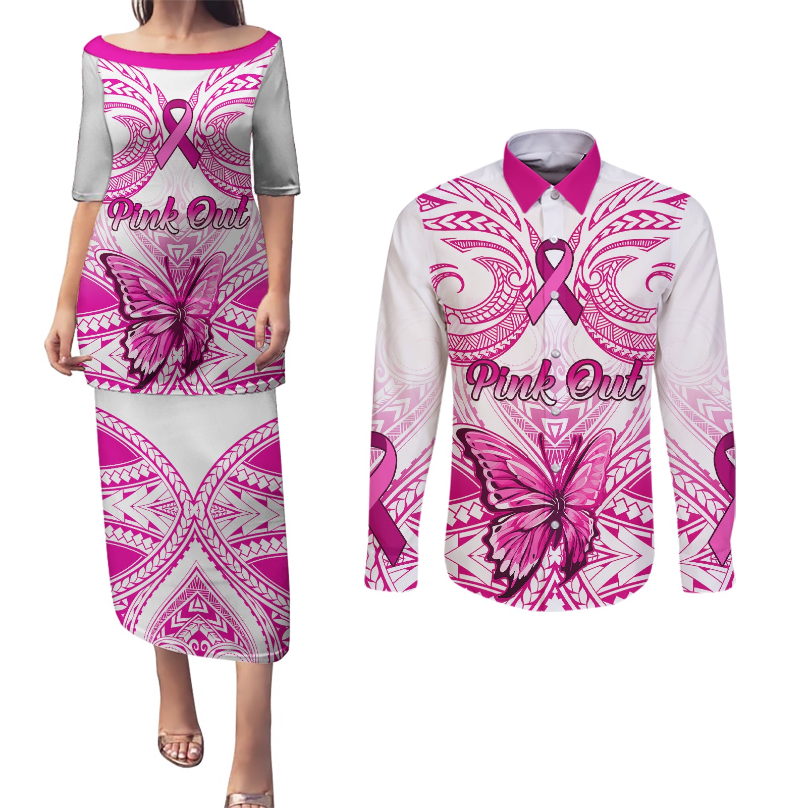 Personalised Pink Out Couples Matching Puletasi Dress and Long Sleeve Button Shirts Breast Cancer Awareness Polynesian Pattern White Version - Wonder Print Shop