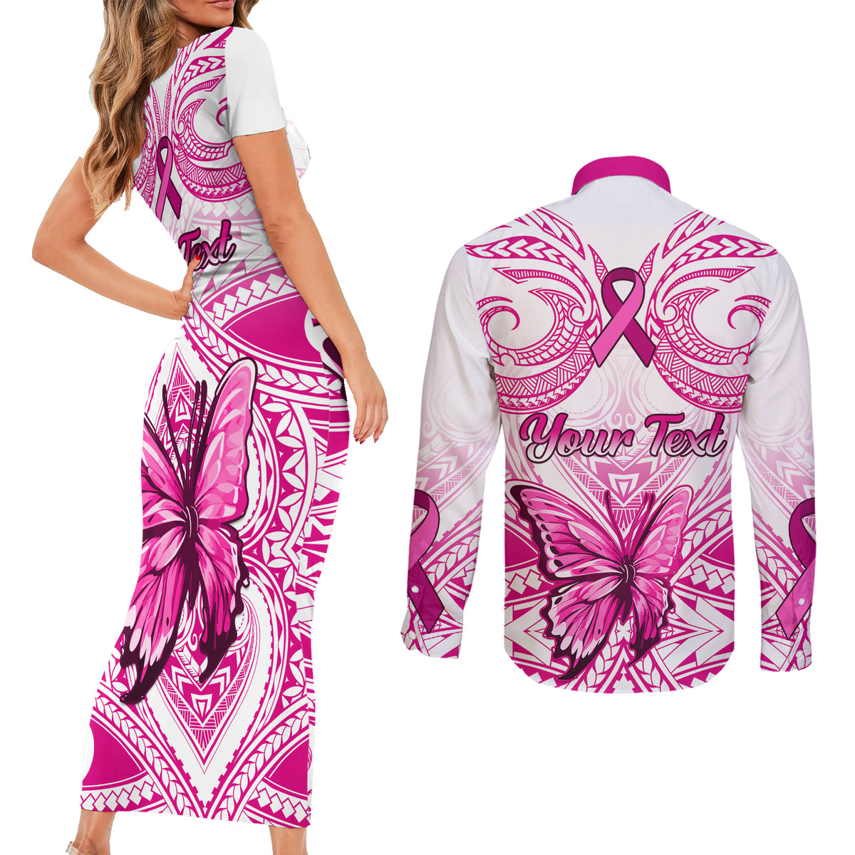 Personalised Pink Out Couples Matching Short Sleeve Bodycon Dress and Long Sleeve Button Shirts Breast Cancer Awareness Polynesian Pattern White Version - Wonder Print Shop