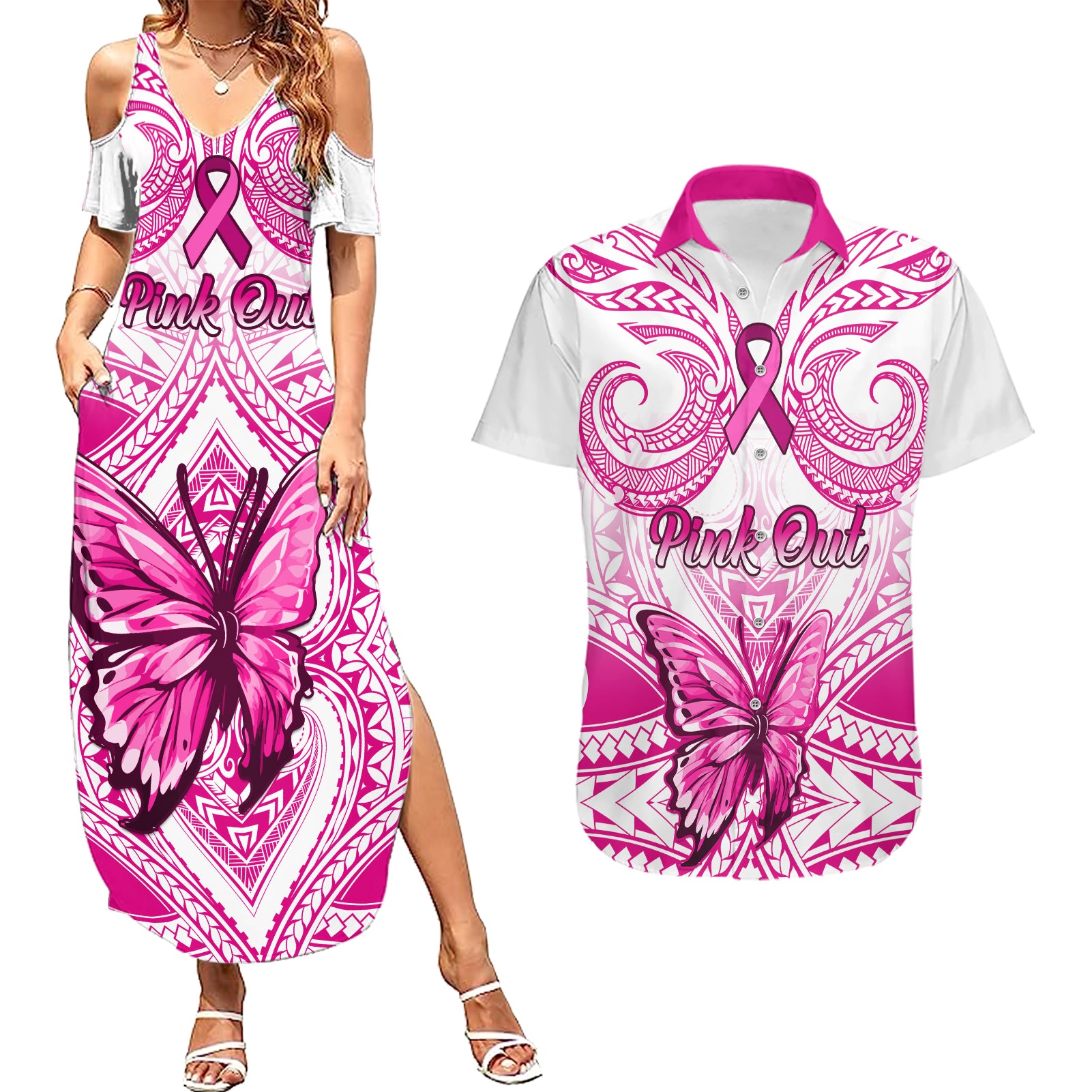 Personalised Pink Out Couples Matching Summer Maxi Dress and Hawaiian Shirt Breast Cancer Awareness Polynesian Pattern White Version - Wonder Print Shop