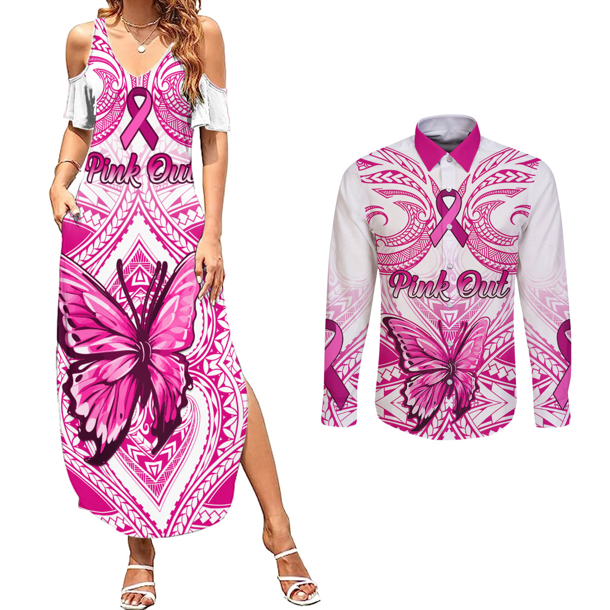 Personalised Pink Out Couples Matching Summer Maxi Dress and Long Sleeve Button Shirts Breast Cancer Awareness Polynesian Pattern White Version - Wonder Print Shop