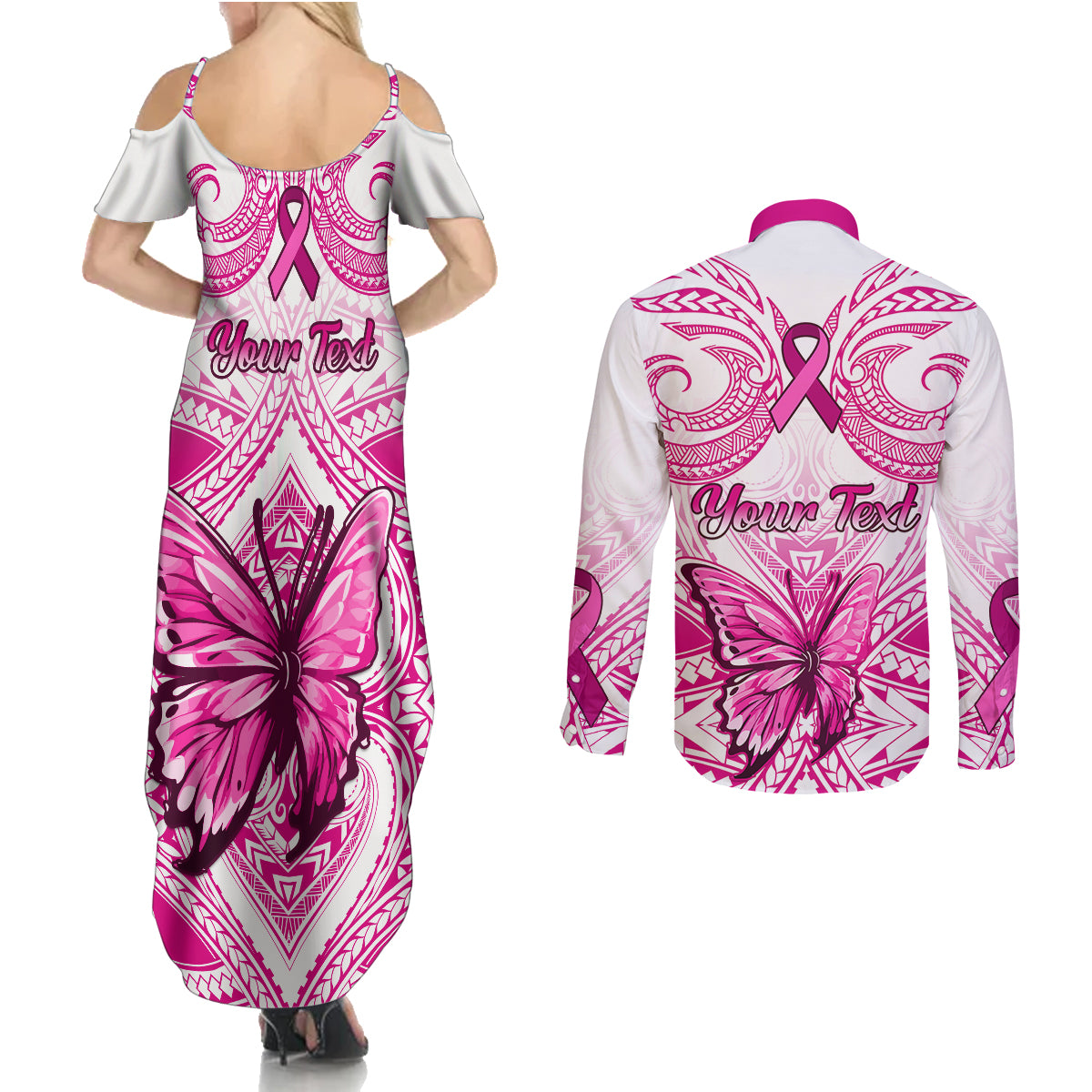 Personalised Pink Out Couples Matching Summer Maxi Dress and Long Sleeve Button Shirts Breast Cancer Awareness Polynesian Pattern White Version - Wonder Print Shop