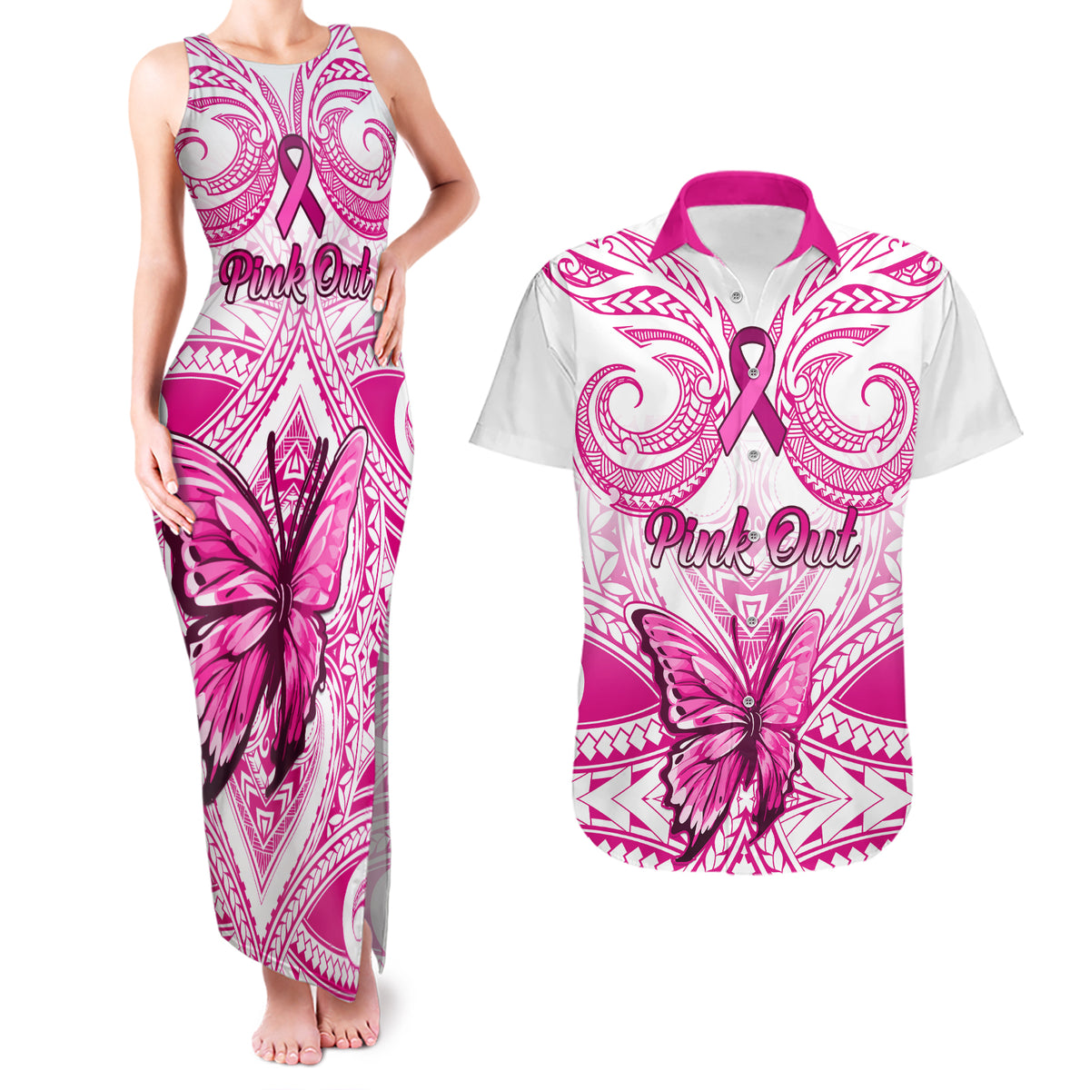 Personalised Pink Out Couples Matching Tank Maxi Dress and Hawaiian Shirt Breast Cancer Awareness Polynesian Pattern White Version - Wonder Print Shop