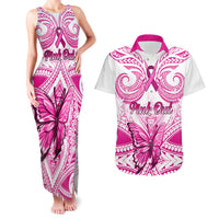 Personalised Pink Out Couples Matching Tank Maxi Dress and Hawaiian Shirt Breast Cancer Awareness Polynesian Pattern White Version - Wonder Print Shop