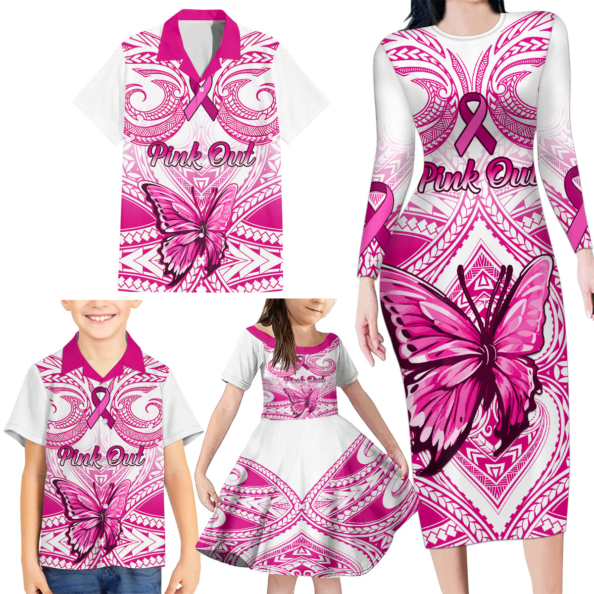 Personalised Pink Out Family Matching Long Sleeve Bodycon Dress and Hawaiian Shirt Breast Cancer Awareness Polynesian Pattern White Version - Wonder Print Shop