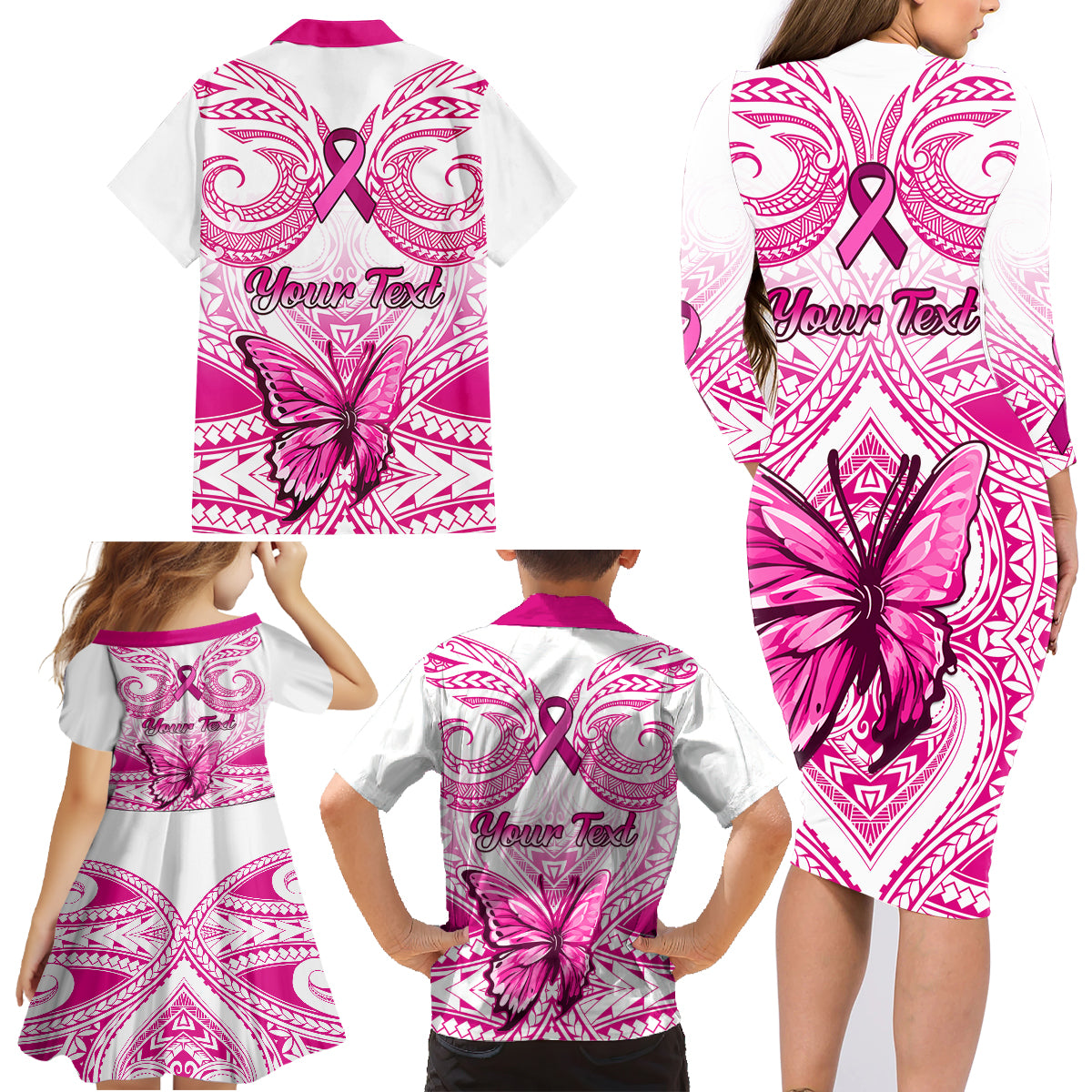 Personalised Pink Out Family Matching Long Sleeve Bodycon Dress and Hawaiian Shirt Breast Cancer Awareness Polynesian Pattern White Version - Wonder Print Shop
