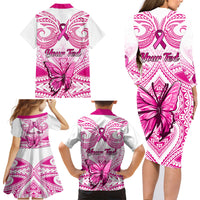 Personalised Pink Out Family Matching Long Sleeve Bodycon Dress and Hawaiian Shirt Breast Cancer Awareness Polynesian Pattern White Version - Wonder Print Shop