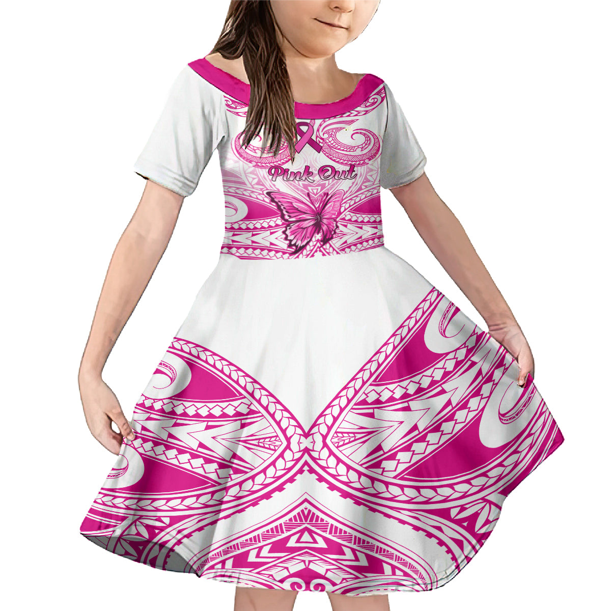 Personalised Pink Out Family Matching Mermaid Dress and Hawaiian Shirt Breast Cancer Awareness Polynesian Pattern White Version - Wonder Print Shop