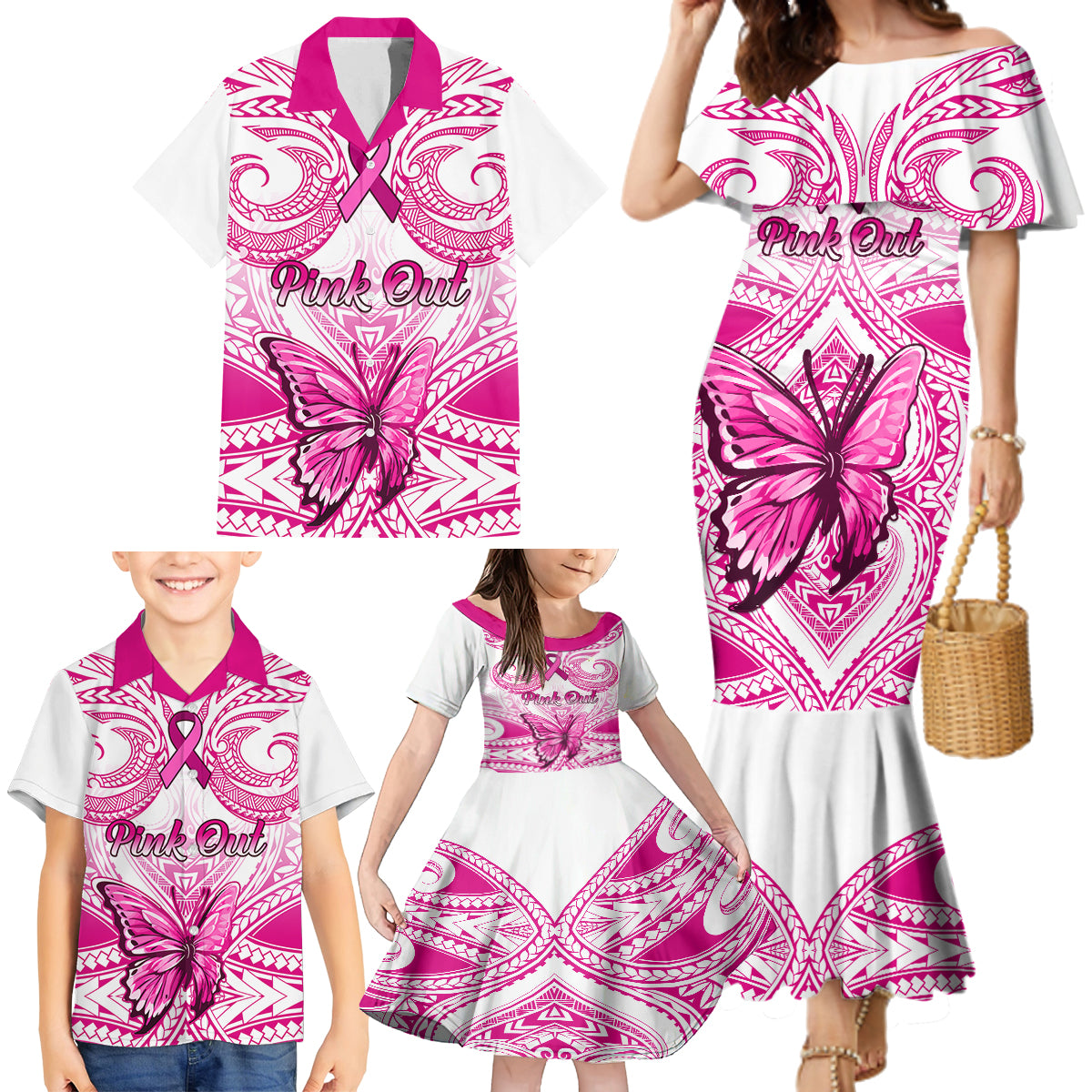 Personalised Pink Out Family Matching Mermaid Dress and Hawaiian Shirt Breast Cancer Awareness Polynesian Pattern White Version - Wonder Print Shop