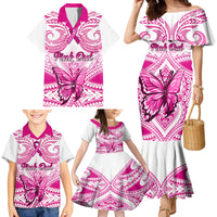 Personalised Pink Out Family Matching Mermaid Dress and Hawaiian Shirt Breast Cancer Awareness Polynesian Pattern White Version - Wonder Print Shop