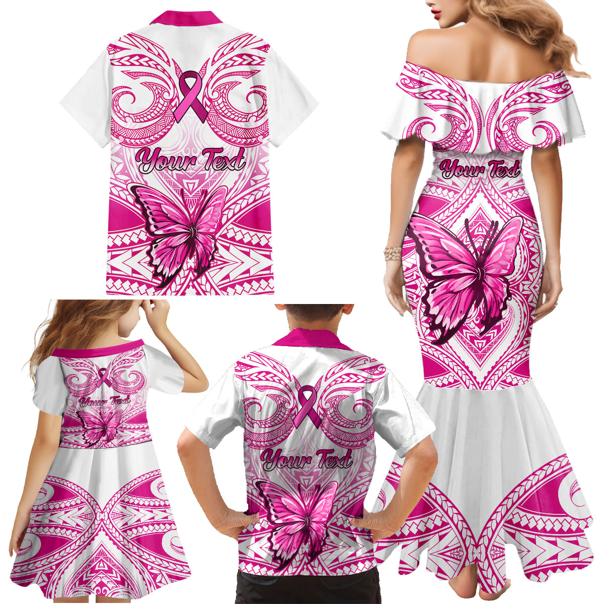Personalised Pink Out Family Matching Mermaid Dress and Hawaiian Shirt Breast Cancer Awareness Polynesian Pattern White Version - Wonder Print Shop