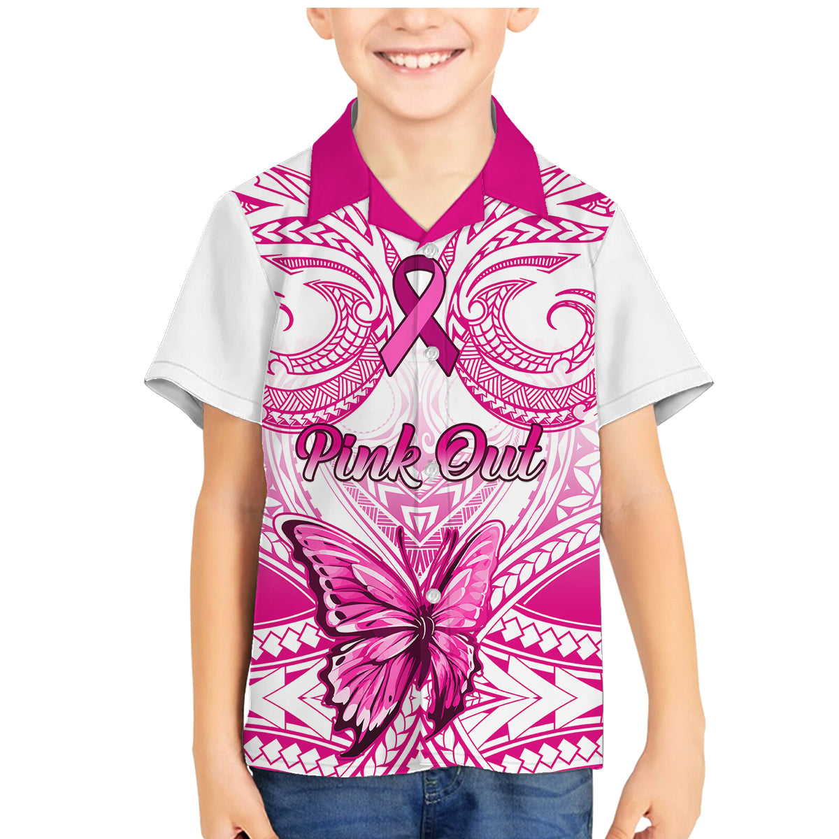 Personalised Pink Out Family Matching Mermaid Dress and Hawaiian Shirt Breast Cancer Awareness Polynesian Pattern White Version - Wonder Print Shop