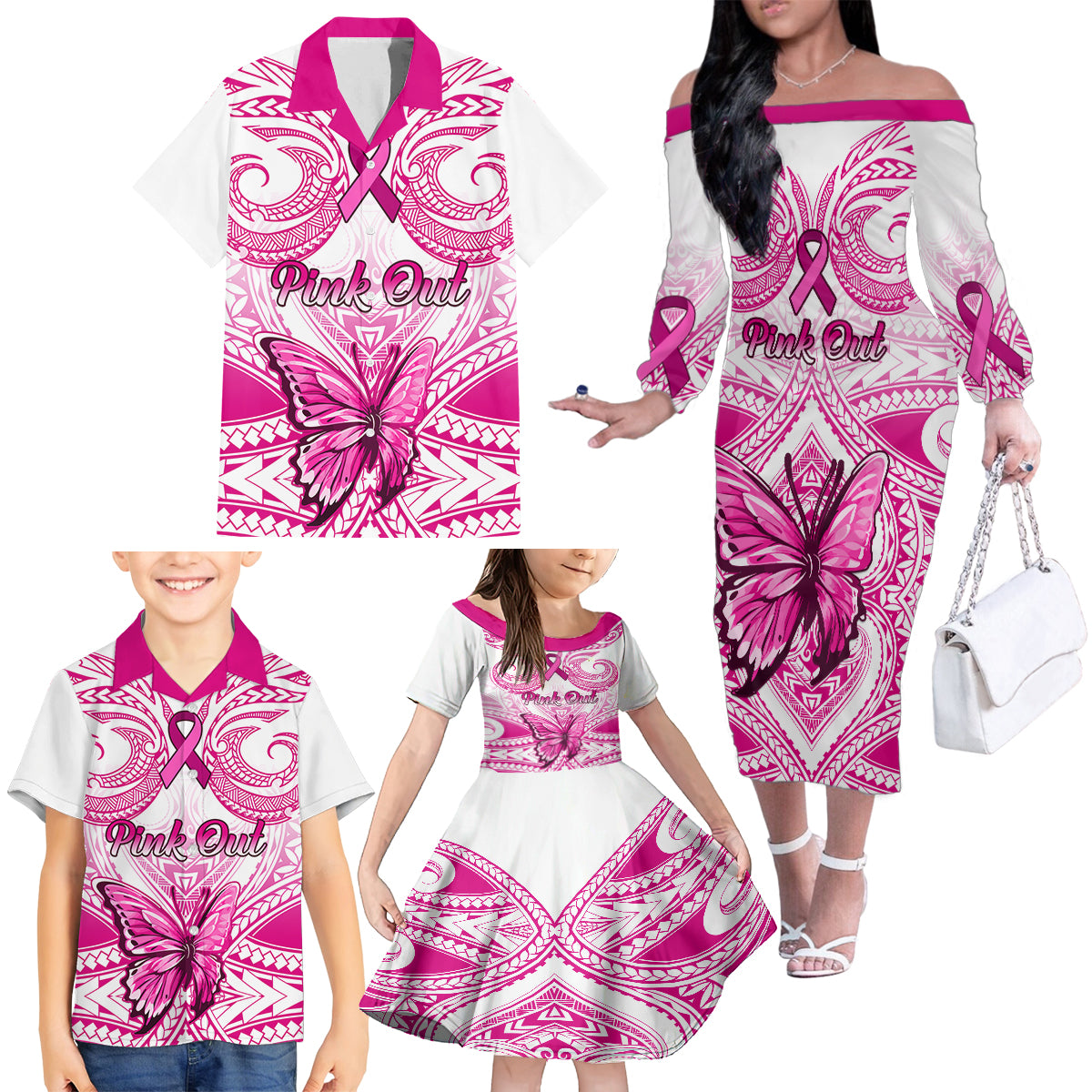 Personalised Pink Out Family Matching Off Shoulder Long Sleeve Dress and Hawaiian Shirt Breast Cancer Awareness Polynesian Pattern White Version - Wonder Print Shop
