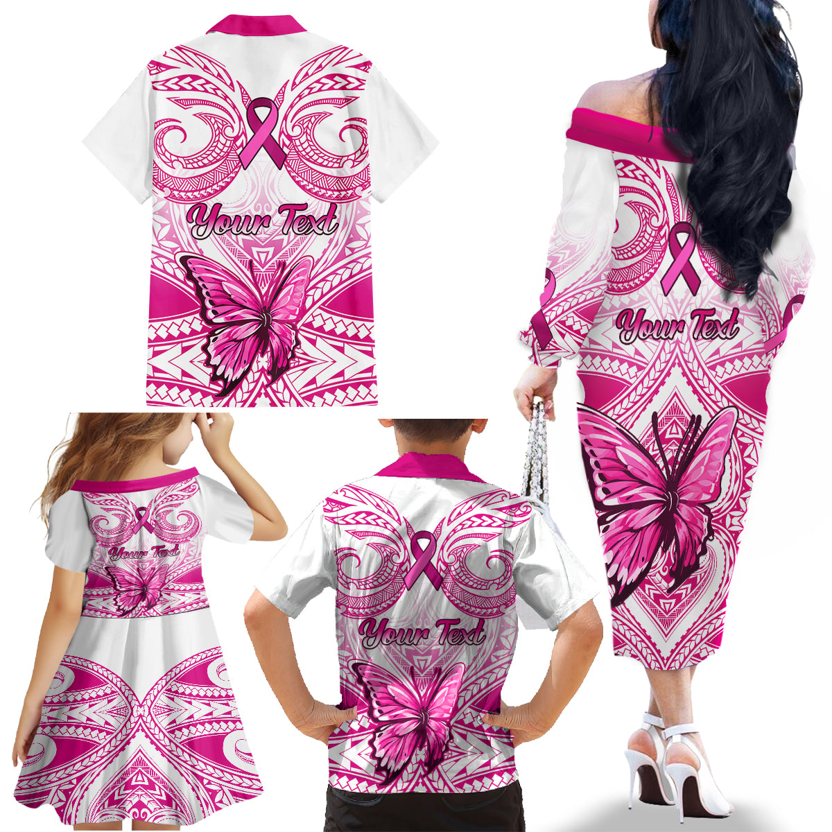 Personalised Pink Out Family Matching Off Shoulder Long Sleeve Dress and Hawaiian Shirt Breast Cancer Awareness Polynesian Pattern White Version - Wonder Print Shop