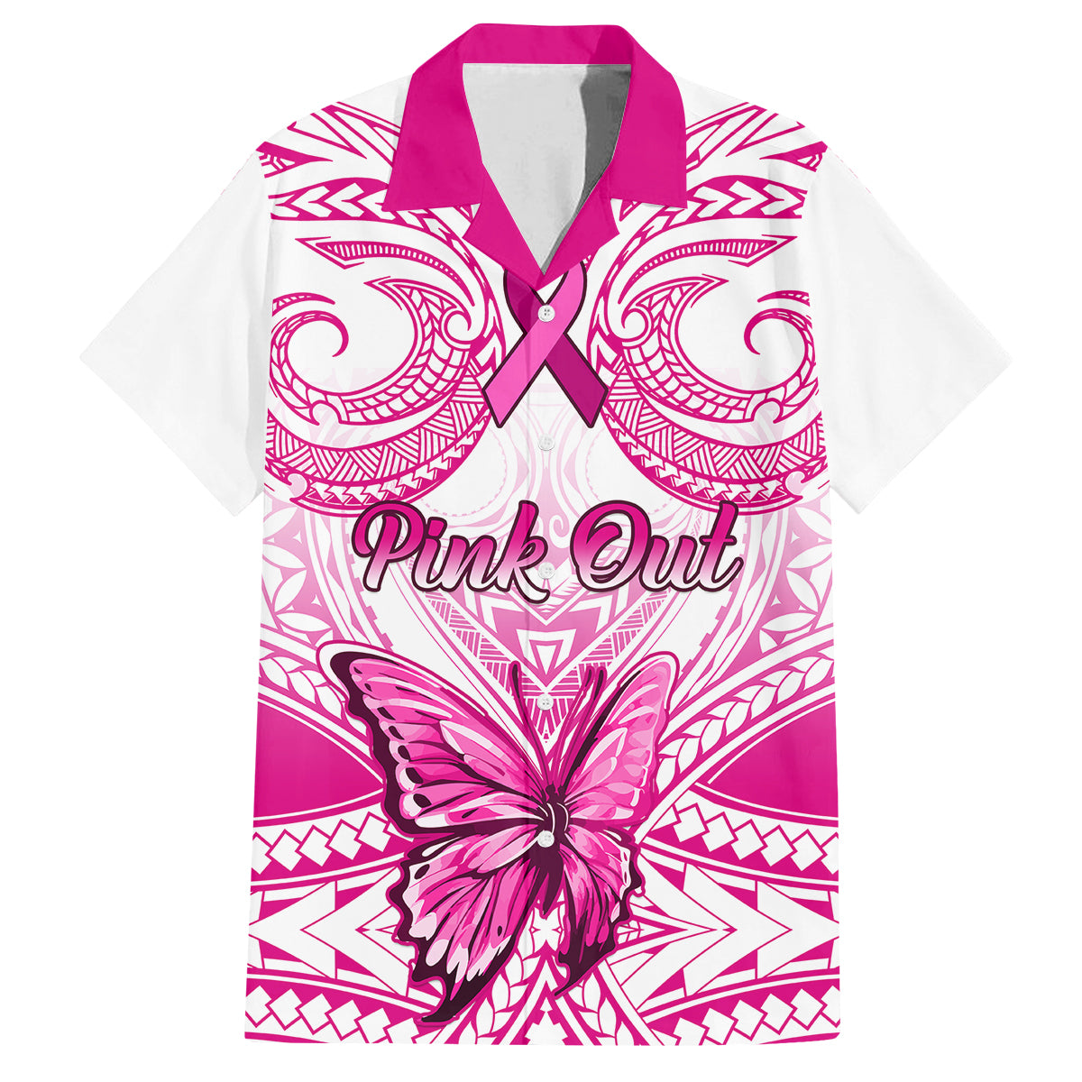 Personalised Pink Out Family Matching Off Shoulder Long Sleeve Dress and Hawaiian Shirt Breast Cancer Awareness Polynesian Pattern White Version - Wonder Print Shop