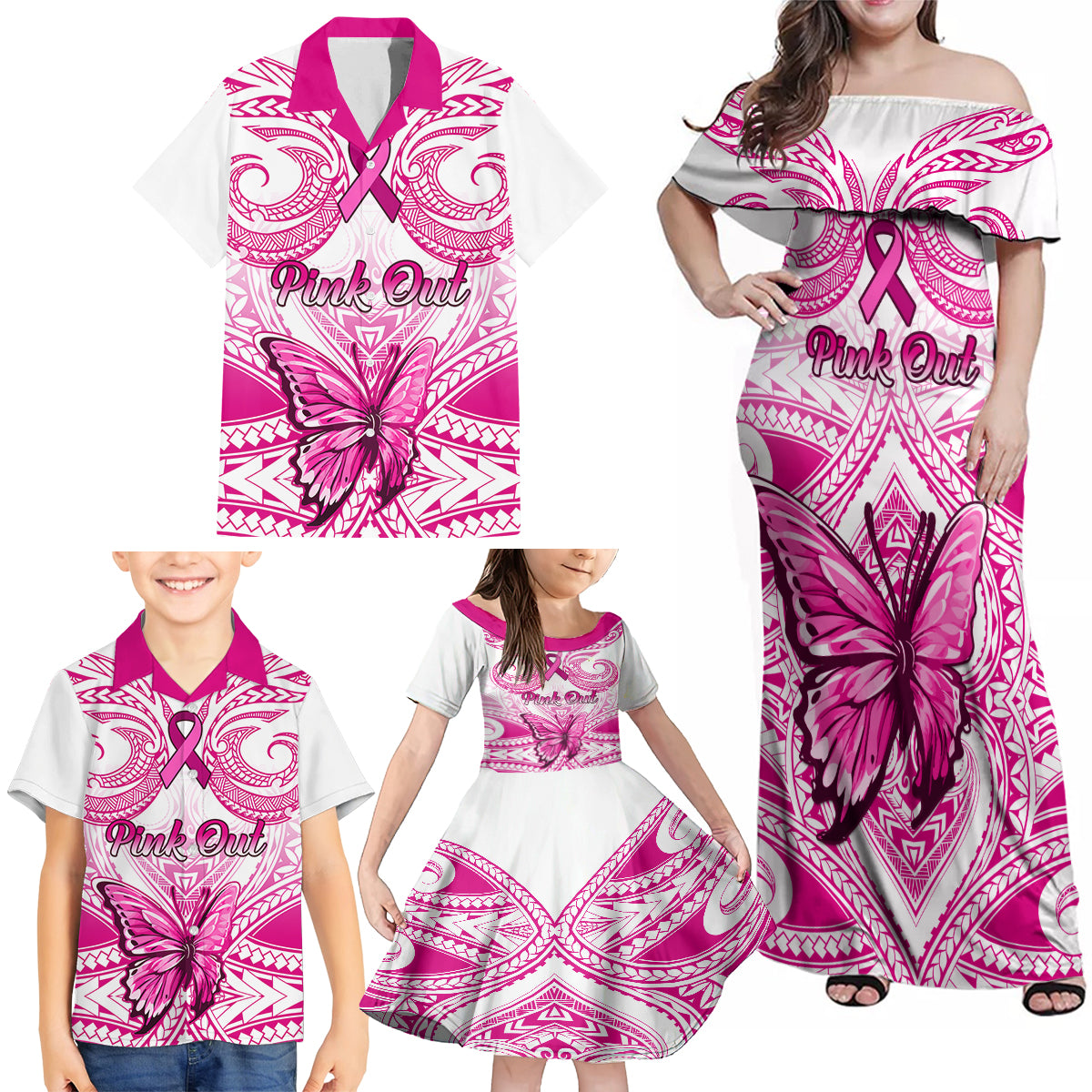 Personalised Pink Out Family Matching Off Shoulder Maxi Dress and Hawaiian Shirt Breast Cancer Awareness Polynesian Pattern White Version - Wonder Print Shop