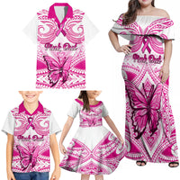 Personalised Pink Out Family Matching Off Shoulder Maxi Dress and Hawaiian Shirt Breast Cancer Awareness Polynesian Pattern White Version - Wonder Print Shop