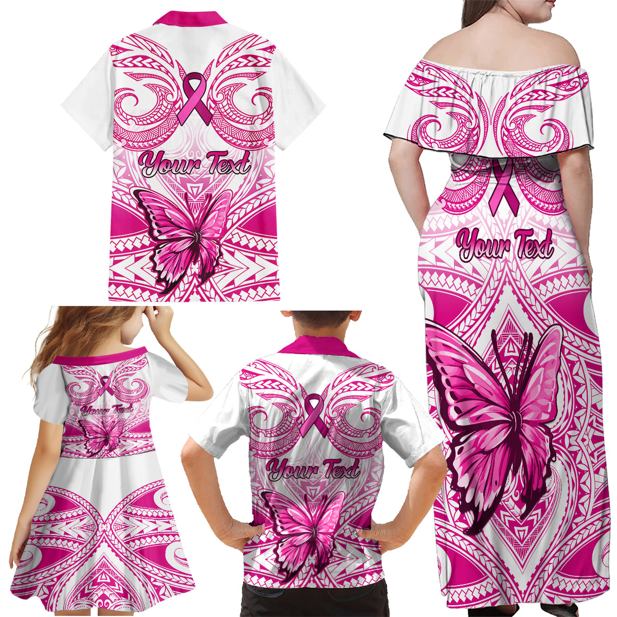 Personalised Pink Out Family Matching Off Shoulder Maxi Dress and Hawaiian Shirt Breast Cancer Awareness Polynesian Pattern White Version - Wonder Print Shop