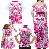 Personalised Pink Out Family Matching Off Shoulder Maxi Dress and Hawaiian Shirt Breast Cancer Awareness Polynesian Pattern White Version - Wonder Print Shop