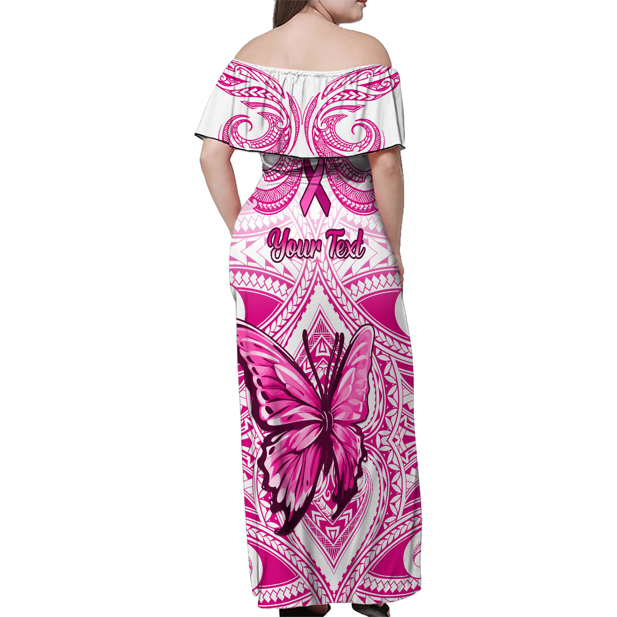 Personalised Pink Out Family Matching Off Shoulder Maxi Dress and Hawaiian Shirt Breast Cancer Awareness Polynesian Pattern White Version - Wonder Print Shop