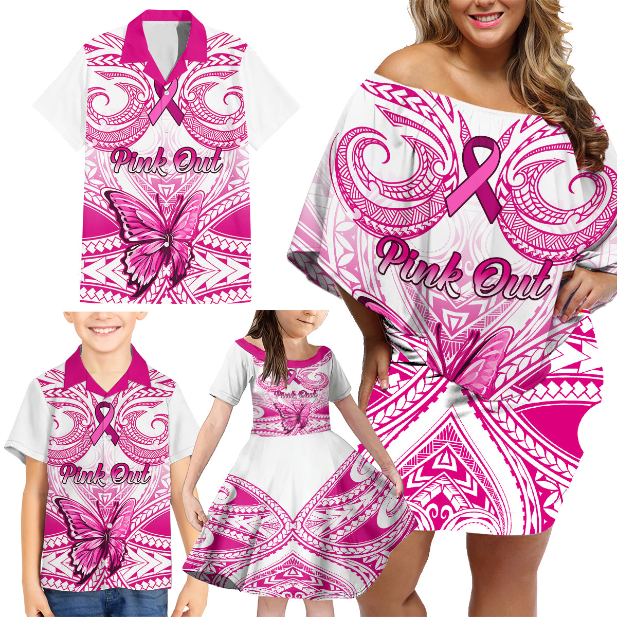 Personalised Pink Out Family Matching Off Shoulder Short Dress and Hawaiian Shirt Breast Cancer Awareness Polynesian Pattern White Version - Wonder Print Shop