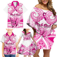 Personalised Pink Out Family Matching Off Shoulder Short Dress and Hawaiian Shirt Breast Cancer Awareness Polynesian Pattern White Version - Wonder Print Shop