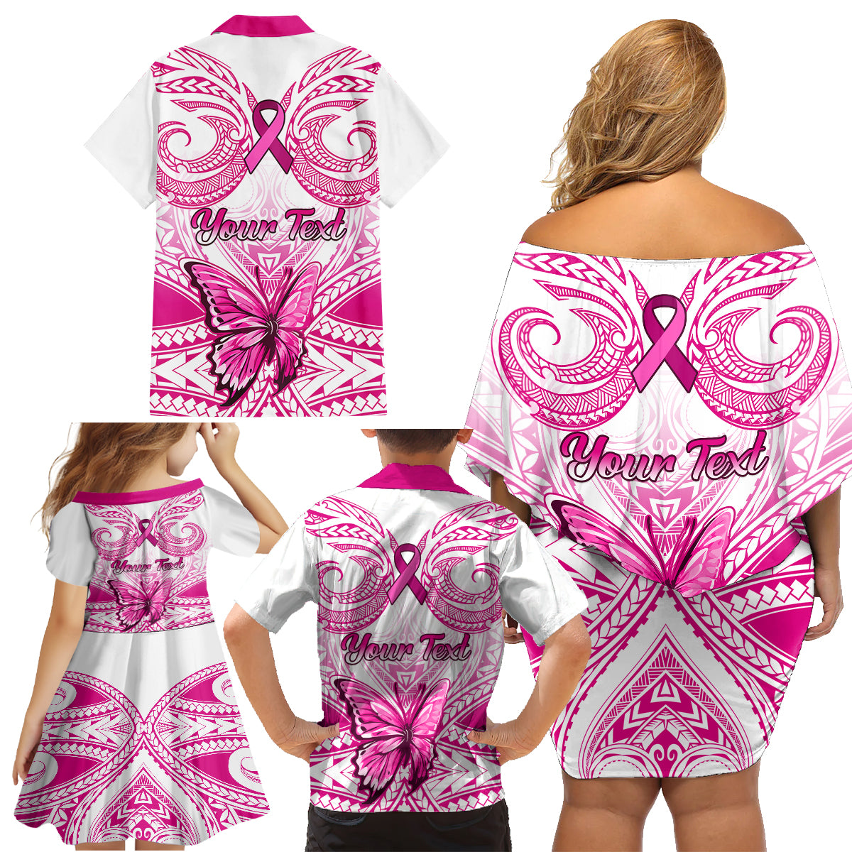Personalised Pink Out Family Matching Off Shoulder Short Dress and Hawaiian Shirt Breast Cancer Awareness Polynesian Pattern White Version - Wonder Print Shop