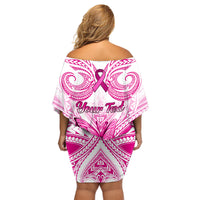 Personalised Pink Out Family Matching Off Shoulder Short Dress and Hawaiian Shirt Breast Cancer Awareness Polynesian Pattern White Version - Wonder Print Shop