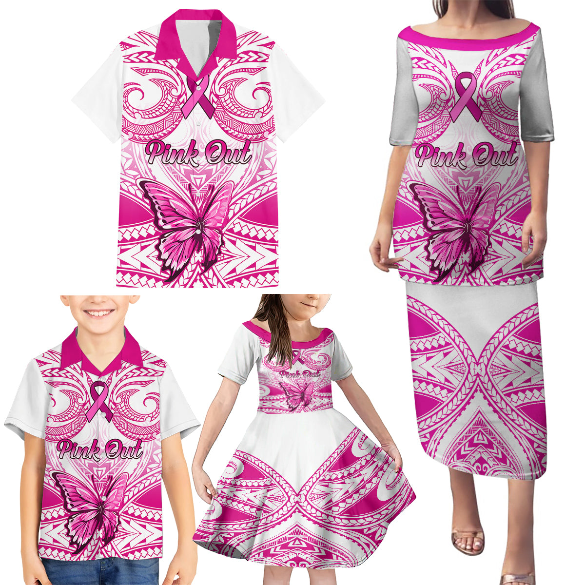 Personalised Pink Out Family Matching Puletasi Dress and Hawaiian Shirt Breast Cancer Awareness Polynesian Pattern White Version - Wonder Print Shop