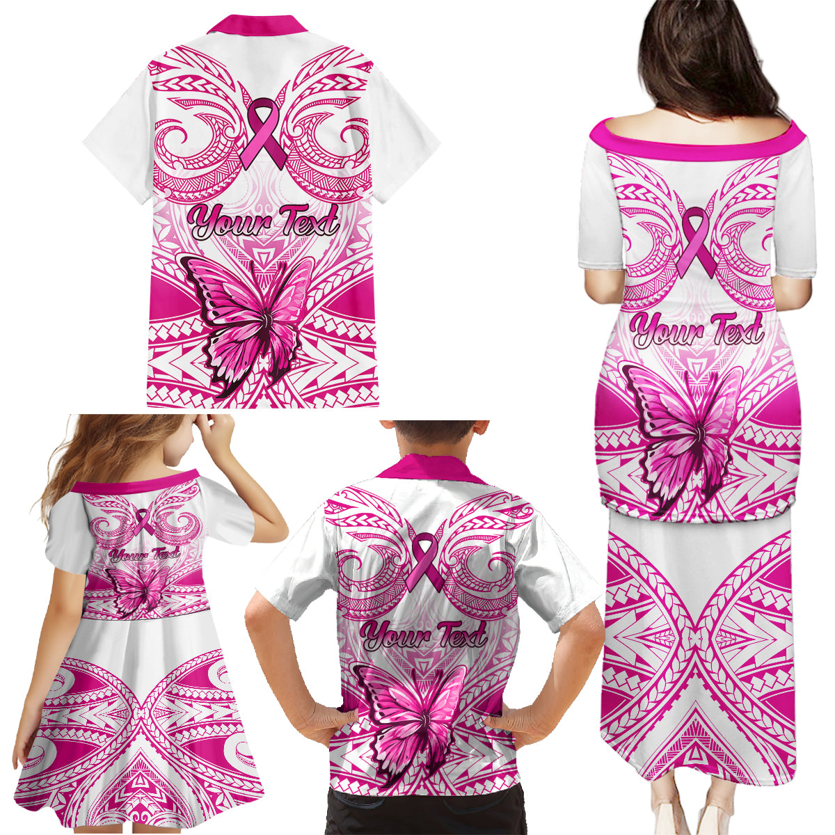 Personalised Pink Out Family Matching Puletasi Dress and Hawaiian Shirt Breast Cancer Awareness Polynesian Pattern White Version - Wonder Print Shop