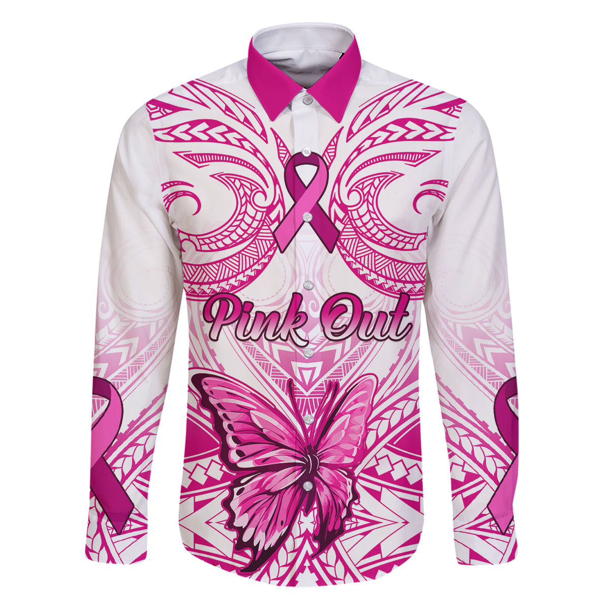 Personalised Pink Out Family Matching Puletasi Dress and Hawaiian Shirt Breast Cancer Awareness Polynesian Pattern White Version - Wonder Print Shop