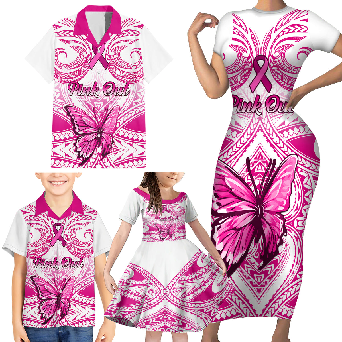 Personalised Pink Out Family Matching Short Sleeve Bodycon Dress and Hawaiian Shirt Breast Cancer Awareness Polynesian Pattern White Version - Wonder Print Shop