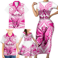 Personalised Pink Out Family Matching Short Sleeve Bodycon Dress and Hawaiian Shirt Breast Cancer Awareness Polynesian Pattern White Version - Wonder Print Shop