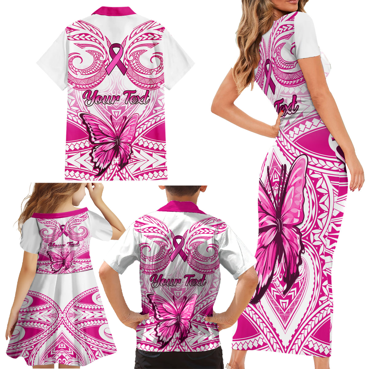 Personalised Pink Out Family Matching Short Sleeve Bodycon Dress and Hawaiian Shirt Breast Cancer Awareness Polynesian Pattern White Version - Wonder Print Shop