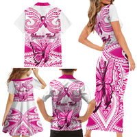 Personalised Pink Out Family Matching Short Sleeve Bodycon Dress and Hawaiian Shirt Breast Cancer Awareness Polynesian Pattern White Version - Wonder Print Shop