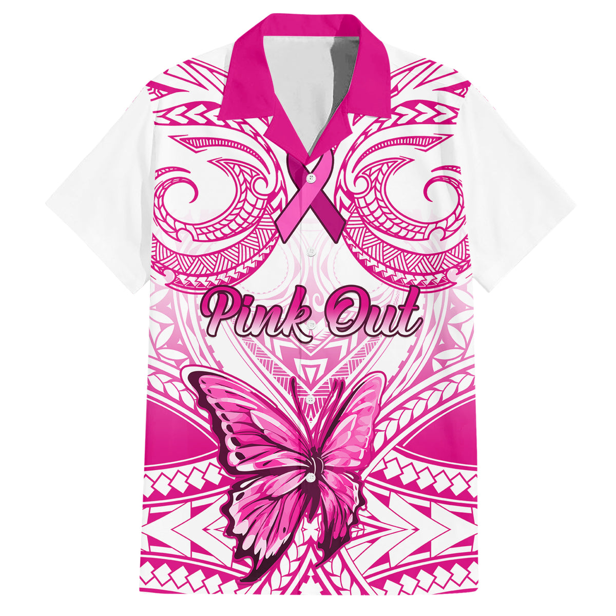 Personalised Pink Out Family Matching Short Sleeve Bodycon Dress and Hawaiian Shirt Breast Cancer Awareness Polynesian Pattern White Version - Wonder Print Shop