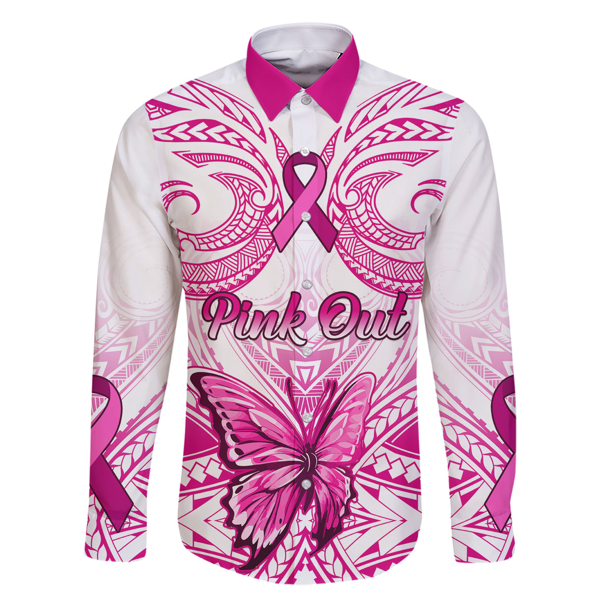 Personalised Pink Out Family Matching Short Sleeve Bodycon Dress and Hawaiian Shirt Breast Cancer Awareness Polynesian Pattern White Version - Wonder Print Shop