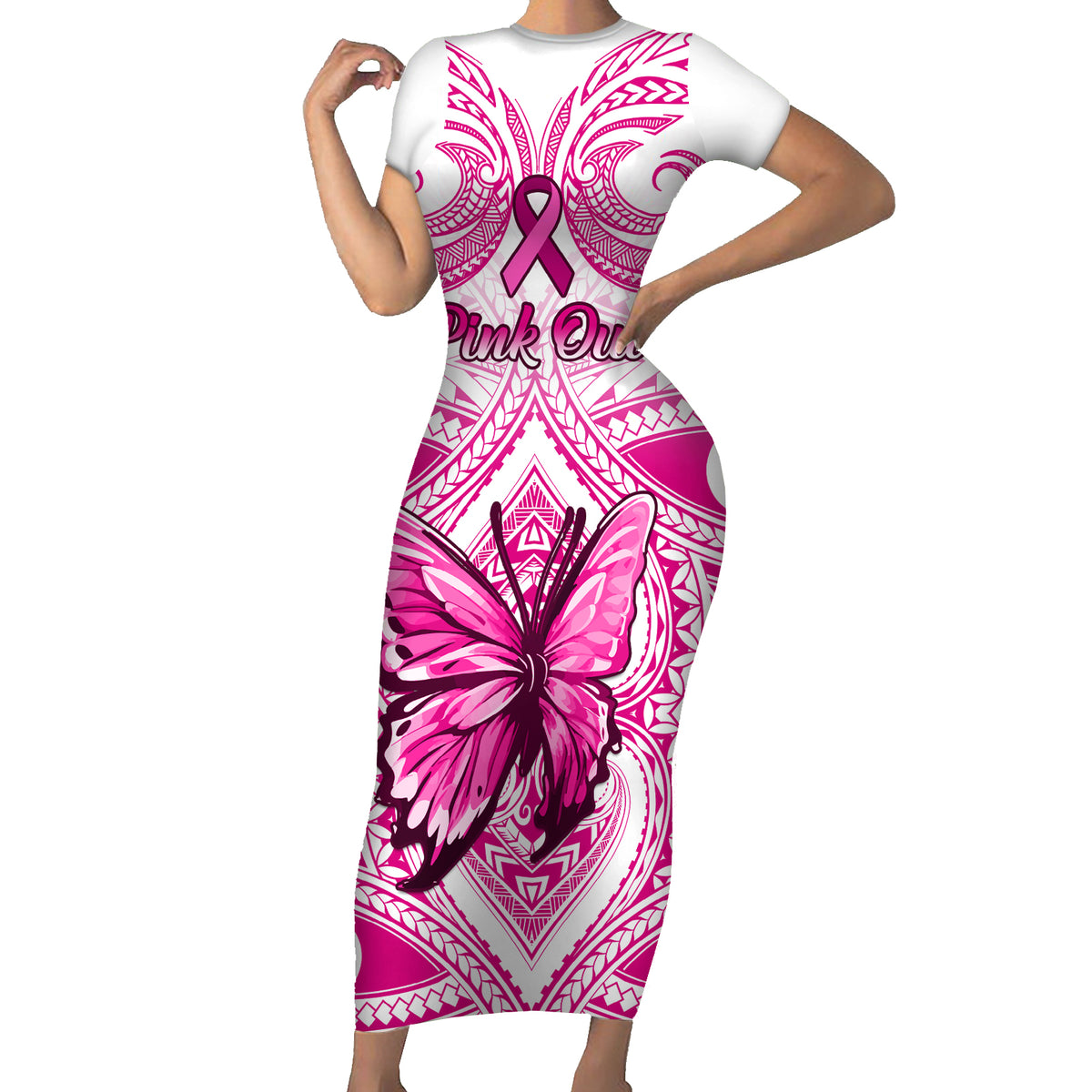 Personalised Pink Out Family Matching Short Sleeve Bodycon Dress and Hawaiian Shirt Breast Cancer Awareness Polynesian Pattern White Version - Wonder Print Shop