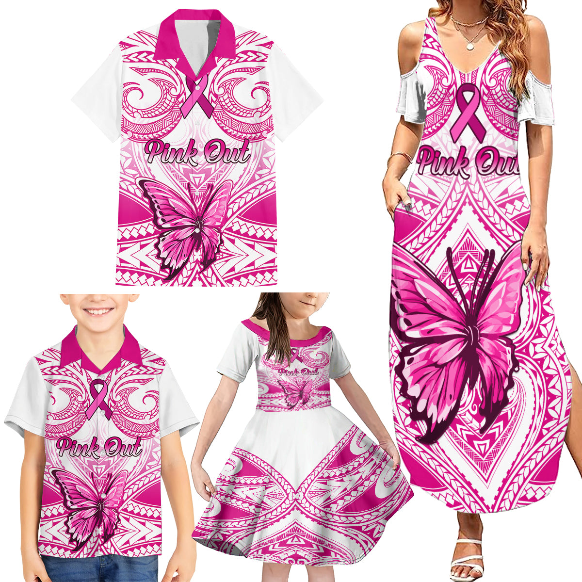 Personalised Pink Out Family Matching Summer Maxi Dress and Hawaiian Shirt Breast Cancer Awareness Polynesian Pattern White Version - Wonder Print Shop