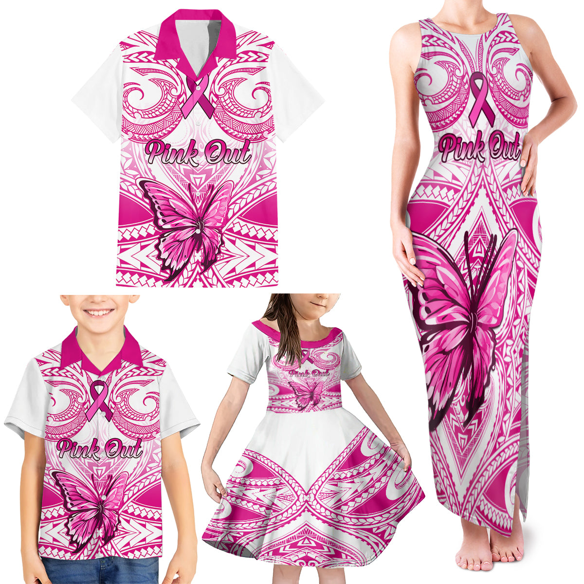 Personalised Pink Out Family Matching Tank Maxi Dress and Hawaiian Shirt Breast Cancer Awareness Polynesian Pattern White Version - Wonder Print Shop