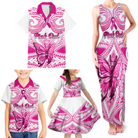 Personalised Pink Out Family Matching Tank Maxi Dress and Hawaiian Shirt Breast Cancer Awareness Polynesian Pattern White Version - Wonder Print Shop