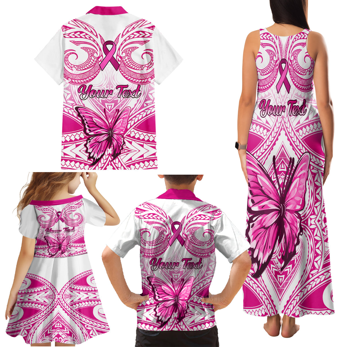 Personalised Pink Out Family Matching Tank Maxi Dress and Hawaiian Shirt Breast Cancer Awareness Polynesian Pattern White Version - Wonder Print Shop