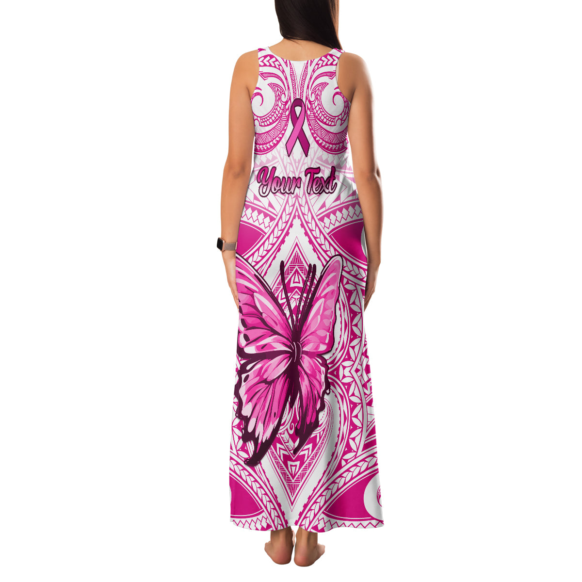 Personalised Pink Out Family Matching Tank Maxi Dress and Hawaiian Shirt Breast Cancer Awareness Polynesian Pattern White Version - Wonder Print Shop