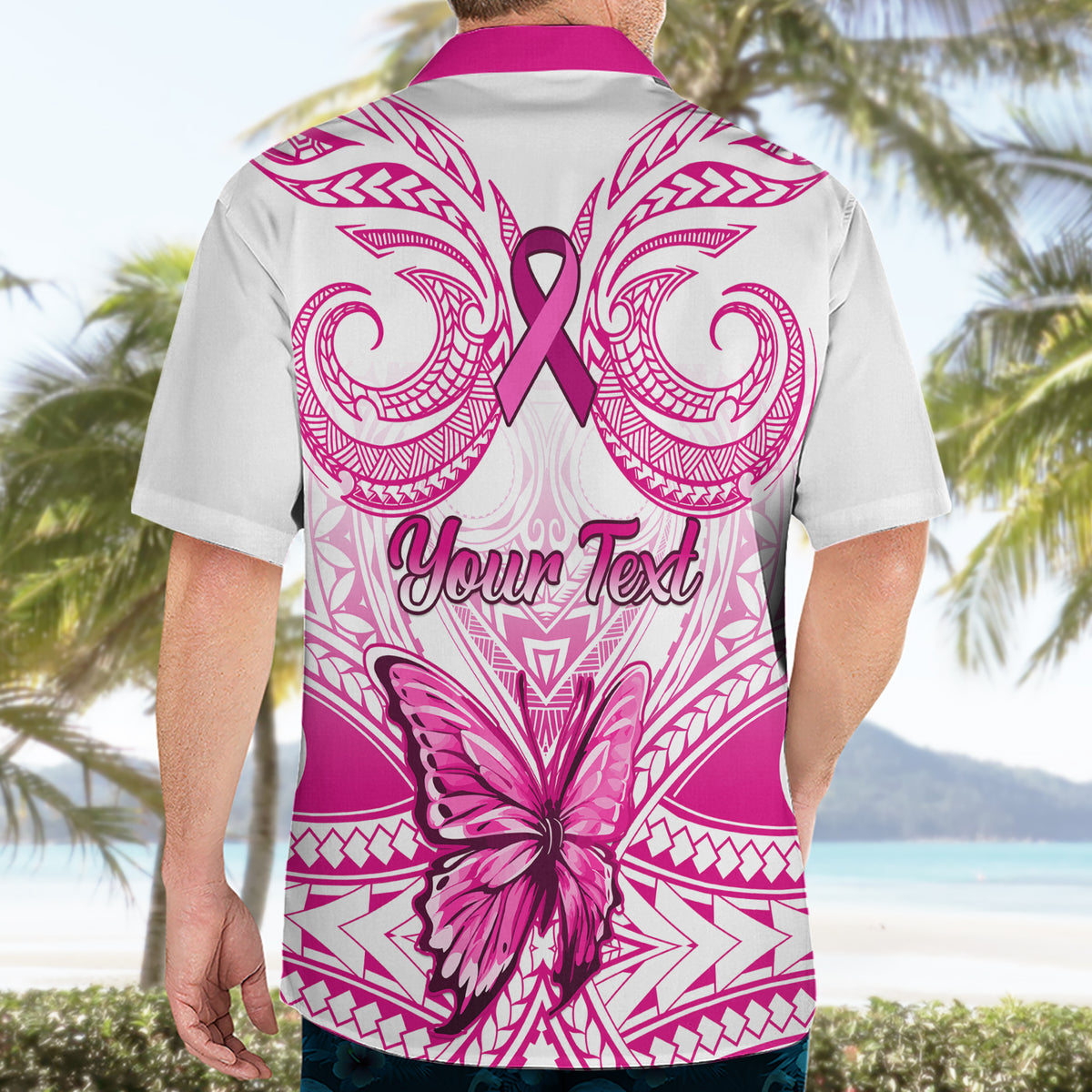 Personalised Pink Out Hawaiian Shirt Breast Cancer Awareness Polynesian Pattern White Version - Wonder Print Shop