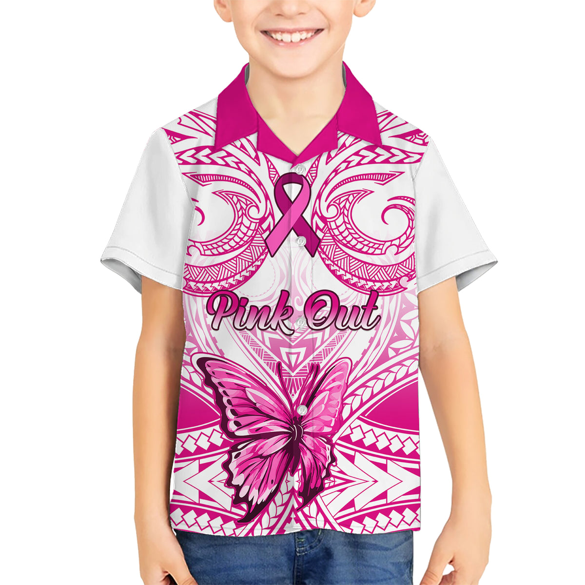 Personalised Pink Out Kid Hawaiian Shirt Breast Cancer Awareness Polynesian Pattern White Version - Wonder Print Shop