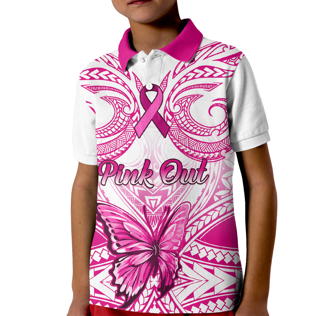 Personalised Pink Out Kid Polo Shirt Breast Cancer Awareness Polynesian Pattern White Version - Wonder Print Shop